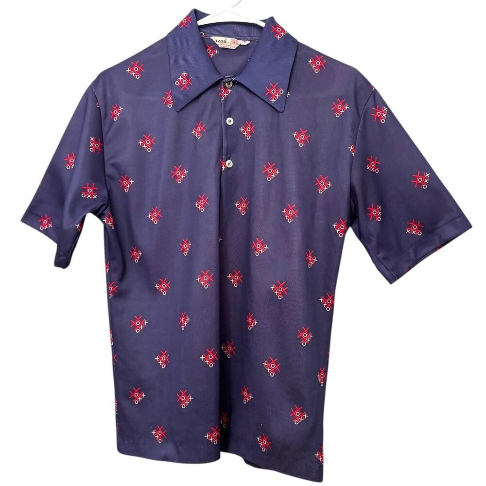 Vintage IZOD Bowling Shirt Button Up Short Sleeve Navy Tic Tac Toe Tag Size M